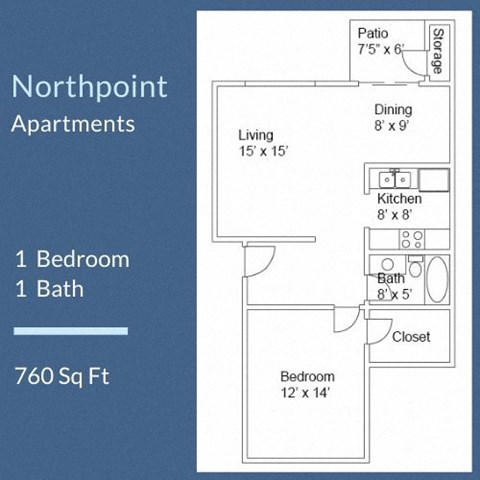 Floor plan for 1 bed, 1 bath, 760 sqft